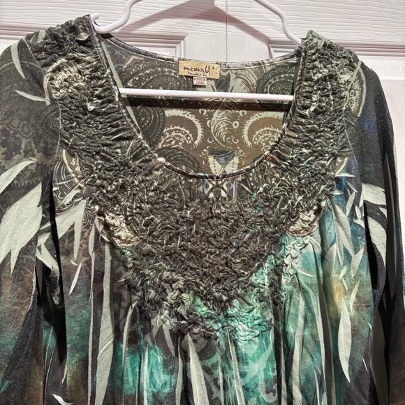 ONE WORLD Women’s Paisley Pattern Long Sleeve Top Shirt - green/blue, size S - Picture 2 of 5